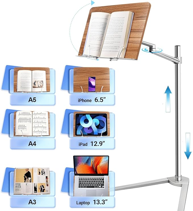 Shikha Book Stand for Reading, Hands-Free Holder for Laptop Phone Tablet with Wooden Pad, Rotated and Liftted Metal Support, 2 Spring Clips.