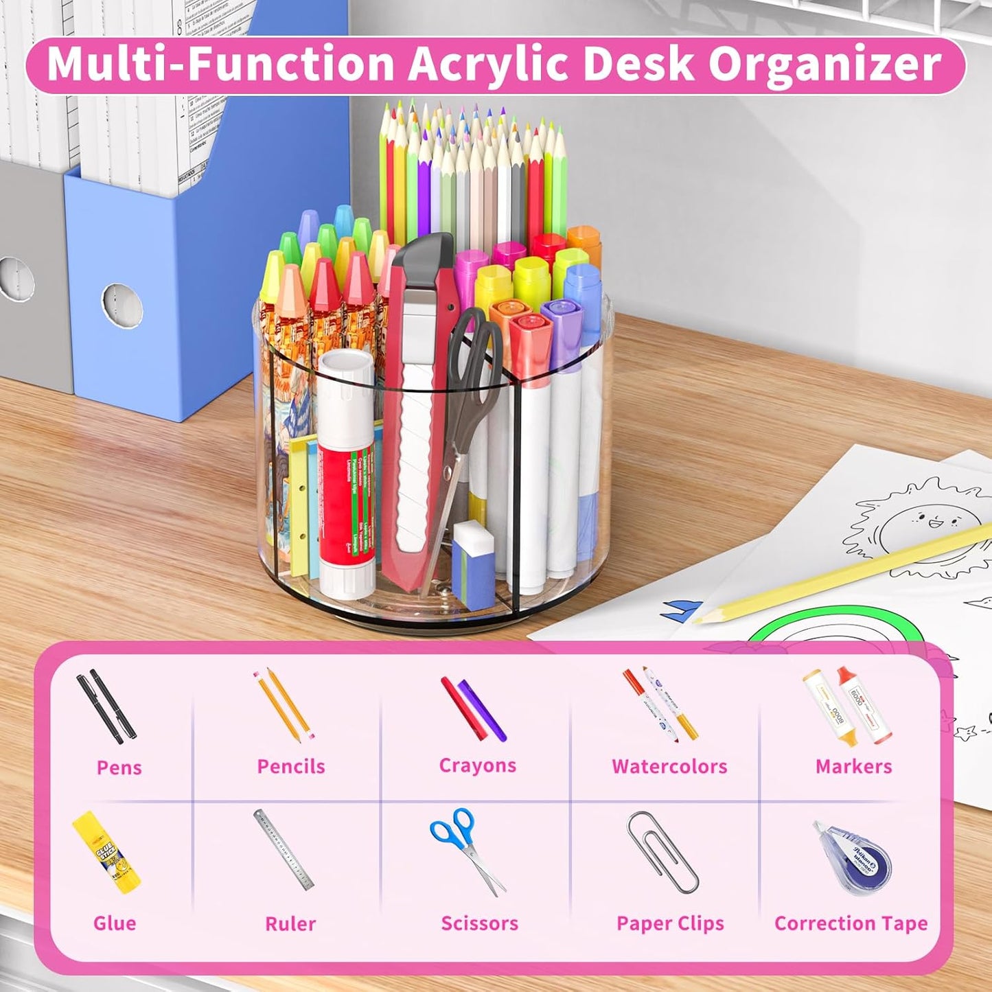 Small Pencil Organizer for Desk Acrylic 4 Compartments, Tiny Rotating Art Supply Organizer Kids, Spinning Round Marker Organizer Small Clear Desktop Organizer Caddy Swivel Office Pen Pencil Holder