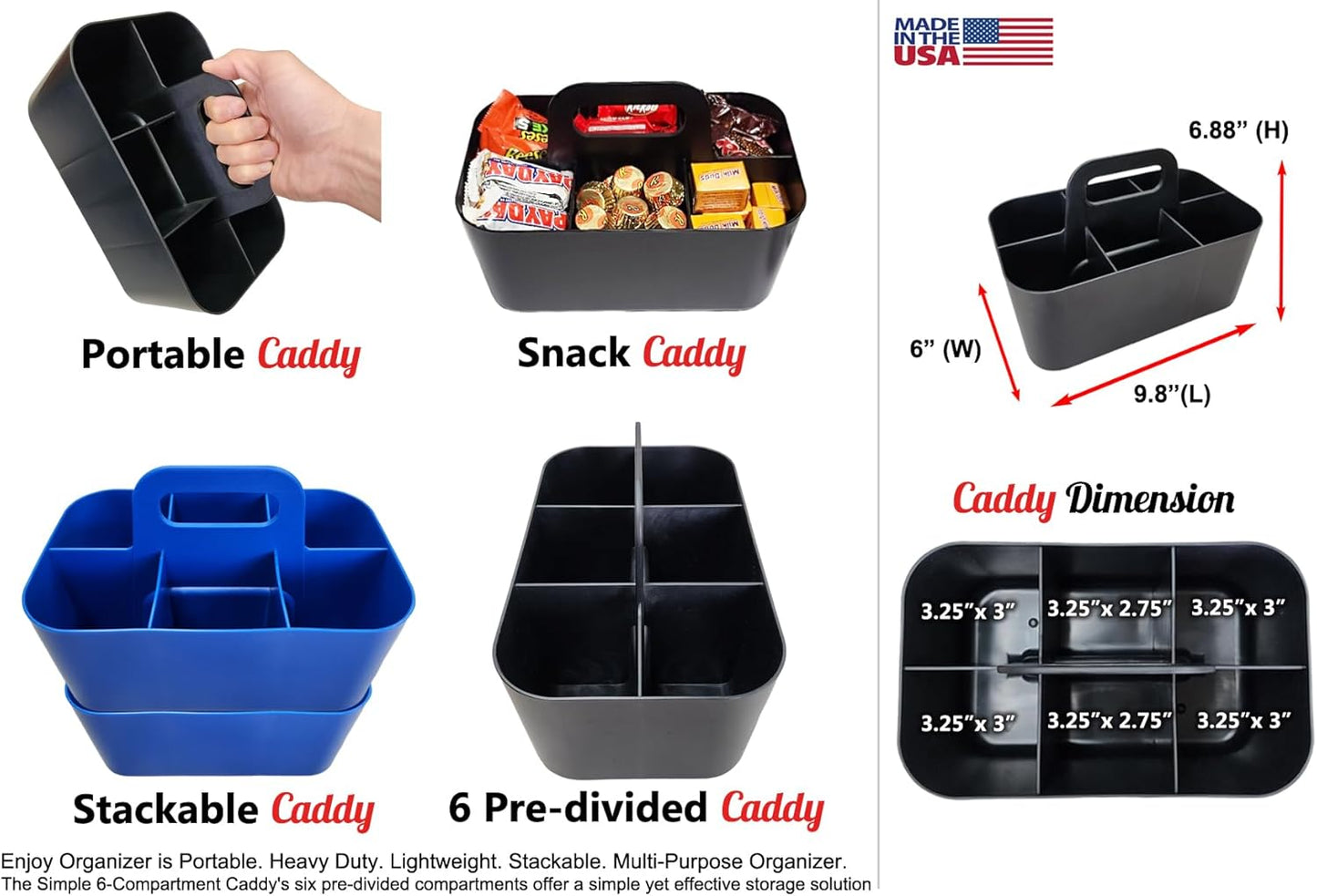 Small Stackable Plastic Caddy with Handle 6 Compartment | Desk, Makeup, Dorm Caddy, Classroom Art Organizers - 4 Pack, Made In USA (Blue)