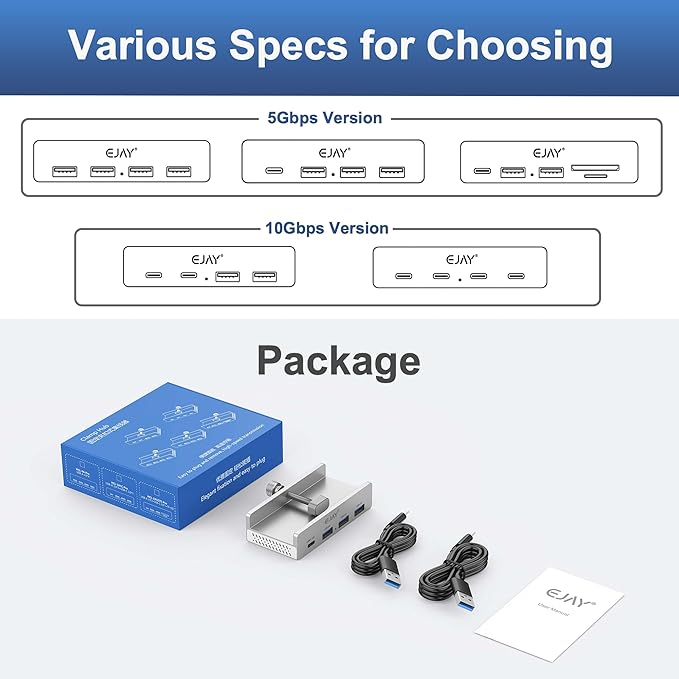 EJAY Mountable 4Ports USB3.0 HUB Alu Desktop Clamp Type C USB3.0 Splitter for Desk/Monitors with Extra Power Supply Port,59inches Data & 39inches Power Cables-5Gbps (BJ-3A1C-SV)