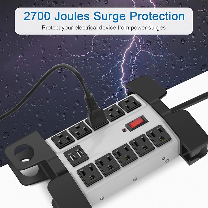 CCCEI Heavy Duty Power Strip with USB Ports, Garage 10 Outlets Surge Protector 2700 Joules, Industrial Workshop Metal 15Amp Multiple Outlets, 25 FT Extension Cord and Wide Spaced Grey