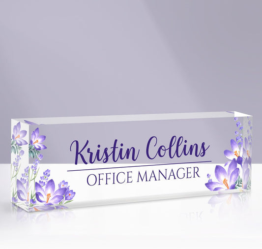 Custom Name Plate for Desk, Acrylic Office Decor For Women Men, Personalized Office Desk Accessories, Teacher Employee Appreciation Gifts For Social Worker Boss Coworkers (Purple Flower-1)
