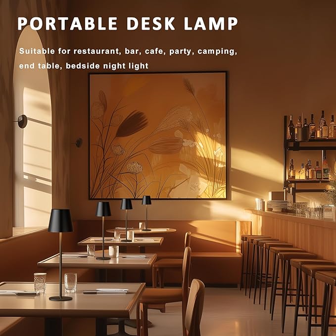 Kakanuo Cordless Table Lamps Pack of 4, Portable LED Battery Operated Lamp, Wireless Rechargeable Lamp, 3 Color Stepless Table Lamp for Restaurant, Bar, Party, Camping and Bedroom - Black