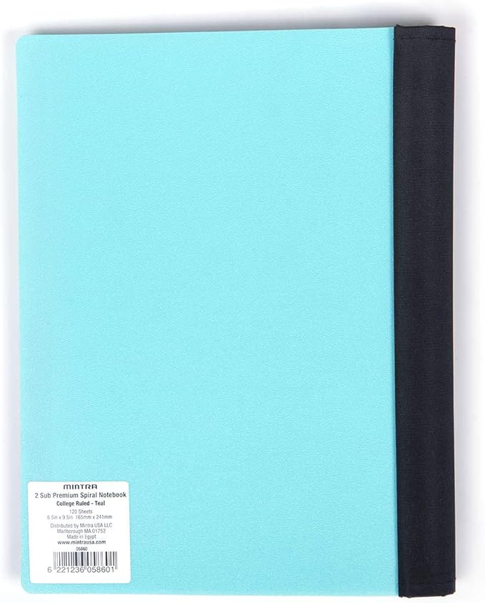 Mintra Office Durable PREMIUM Spiral Notebook, ((Teal, 2 Subject (6in x 9.5in)), Wire, Fabric Covered Coils, No Snags, Removable Adjustable Pocket Dividers, Ruler, Organization, Customizable