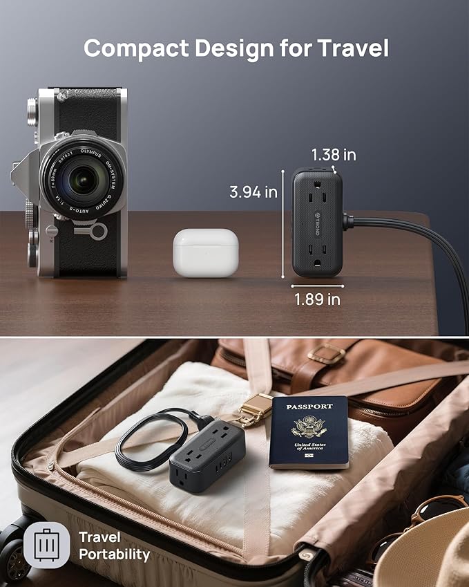 TROND 360° Rotating Flat Plug Power Strip, 5FT Extension Cord with 4 USB Ports, 4 Wide Spaced AC Outlets, Wall Mount, 900J Surge Protector for Office Travel Dorm Room Essentials, Black