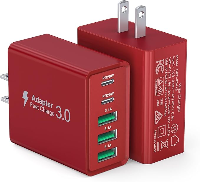 USB C Wall Charger Block, 2Pack 50W USB C Charger 5-Port PD Fast Charging Blocks,QC 3.0 USB A Multiport Plug,Type C Power Adapter Brick Cube for iPhone 17/16/15/14/13/Pro,Samsung,for Switch/Pixel（Red）