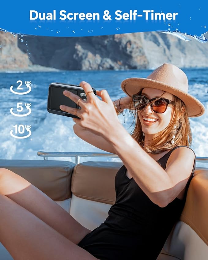 4K Underwater Camera Snorkeling 11FT Waterproof Camera 64MP Autofocus with 32GB Card Dual Screens Selfie 16X Zoom Floatable Compact Digital Camera Waterproof with 2 Batteries (Black)