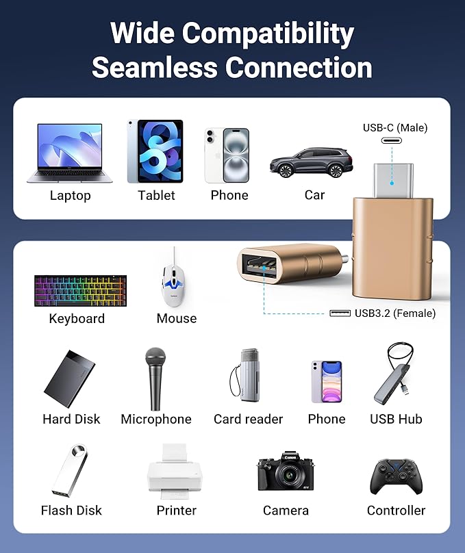 Syntech USB C to USB Adapter [2 Pack] USB C Male to USB3 Female Adapter Compatible with iPhone 17 Pro Max iMac iPad mini/Pro 2021 MacBook Pro Air 2024 and Other Type C Devices, Gold