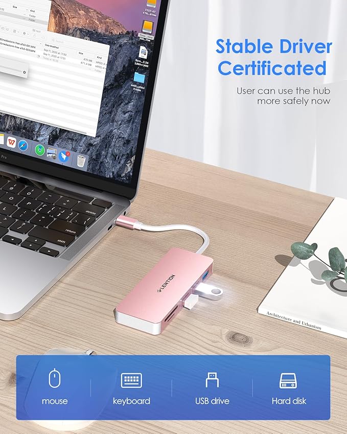 LENTION USB C Hub, 5-in-1 USBC Multiport Adapter with 3 x Powered USB 3.0 Ports 5Gbps, SD/TF Card Reader, for MacBook Pro/Air, iPad, Surface, iPhone 15 & More, Stable Driver 3.0, Rose Gold (CB-C15)