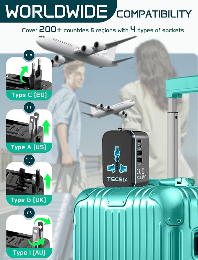 Universal Travel Adapter Worldwide, TECSIX European Travel Plug Adapter with 2 USB C, 2 USB A and Multi AC Outlets, International Power Converter for EU US UK AUS 200+ Countries Type A C G I