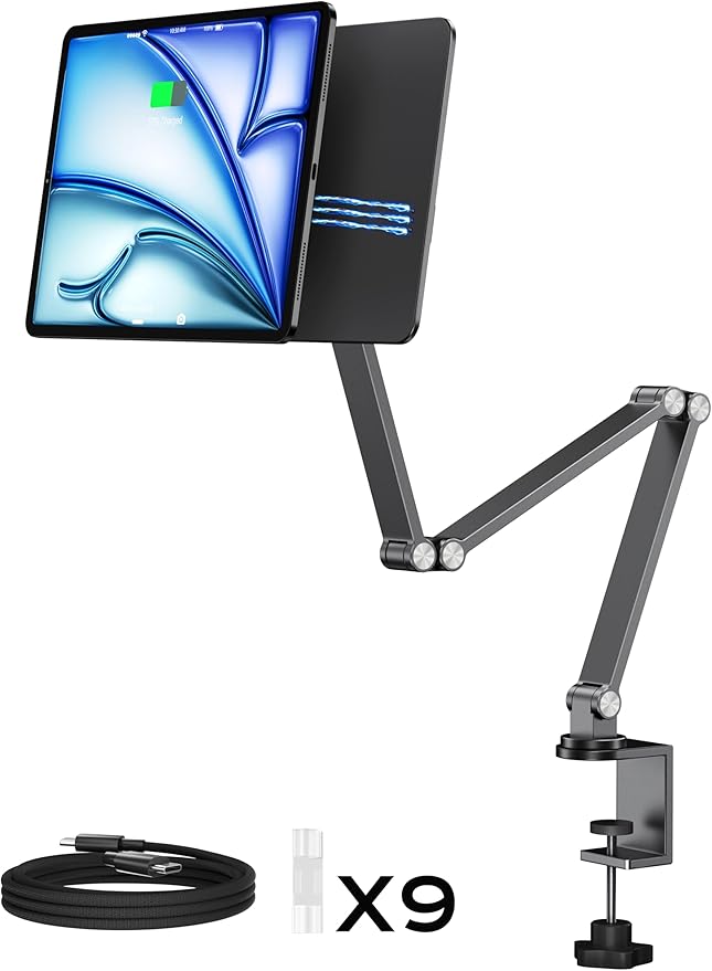 [Upgrade] Magnetic Wireless Charging Stand for iPad Pro 11" Gen1-4 / Air 11" M3/M2 / Air 10.9" Gen4-5, Rock Steady iPad Stand for Desk with Foldable Aluminum Arm, Adjustable Tablet Mount with 2M Cable