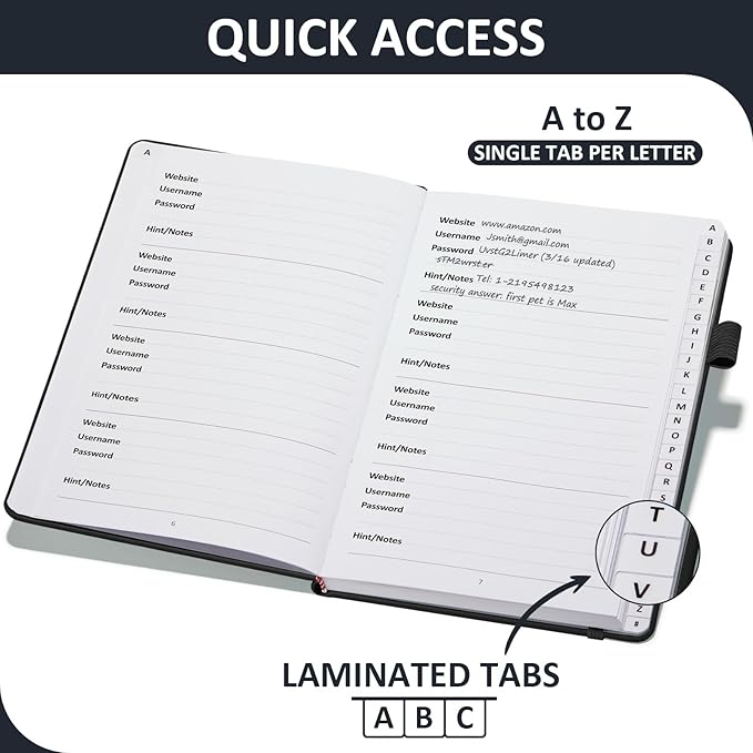 Password Book with Individual Alphabetical Tabs Laminated, Large Print Password Keeper Book for Seniors, A5 Hardcover Internet Password Log Book to Record Website Login Details - Black