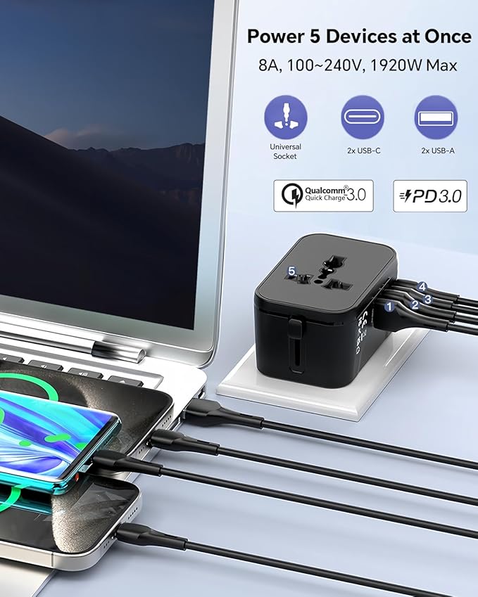 Universal Travel Adapter with 2 PD20W USB-C & 2 QC18W USB-A Ports, Fast Charging International Power Plug Adapter, All-in-One Worldwide Adaptor Converter Wall Charger for US EU UK AUS Asia