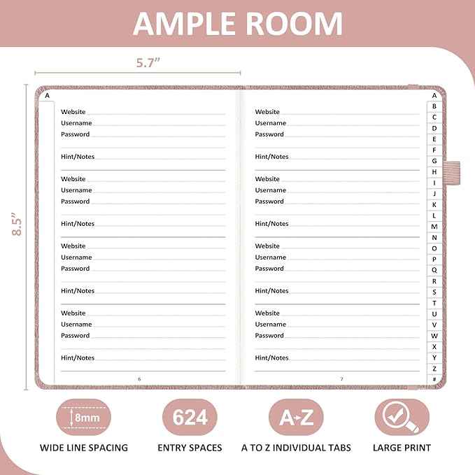 Password Book with Individual Alphabetical Tabs Laminated, Large Print Password Keeper Book for Seniors, A5 Hardcover Internet Password Log Book to Record Website Login Details - Rose Gold