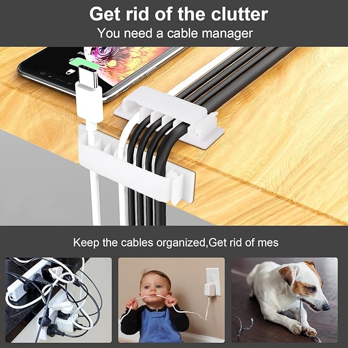 Cable Management Clips, 20Pcs Cable Organizers Wire Clips Cord Holder for TV PC Ethernet Cable Desk Home Office (White)