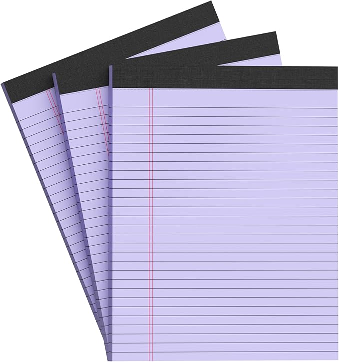 Purple Legal Pad Note Pads 8.5 x 11 inch, Wide Ruled, 30 Sheets/Pad, 20lb Colored Paper, Perforated Notepad with Sturdy Back (3 Pads Purple)