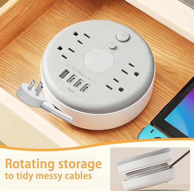 Power Strip Surge Protector with Night Light, 6FT Retractable Extension Cord, 4 AC Outlets, 1 Smart USB-A & 3 USB-C Ports, Portable Travel Power Strip for Home Office Dorm Hotel