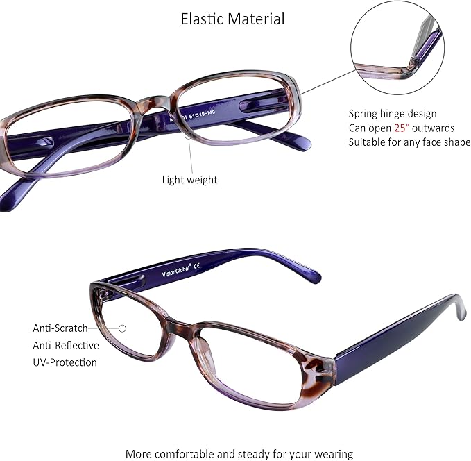 VisionGlobal 1 Pair Reading Glasses with Spring Hinge, Blue Light Blocking Glasses for Women/Men (Purple,+2.25 Magnification)