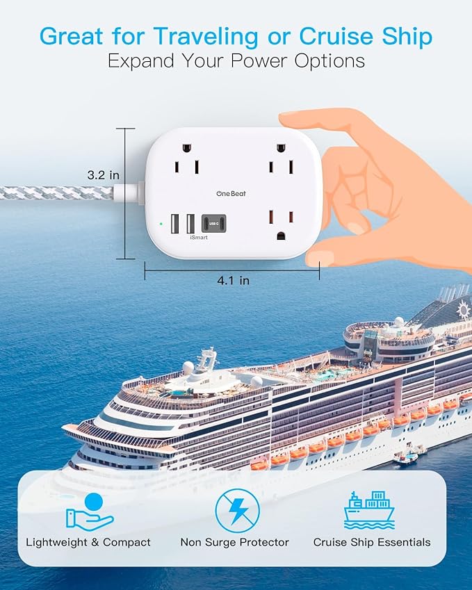 One Beat Cruise Ship Essentials,Travel Power Strip with USB C,Flat Plug Extension Cord with 3 Outlets 4 USB Ports(2 USB C),1 ft Desk Wall Outlet Extender,Non Surge Protector for Cruise,Dorm Room,ETL