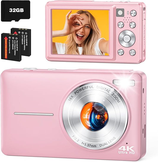 4K Digital Camera, 64MP Autofocus Vlogging Camera with Front Rear Lens, 32GB Card, Flash, 16X Zoom, Anti-Shake, Point Shoot Camera for YouTube Travel Teens Adult Beginner Photography(Pink)
