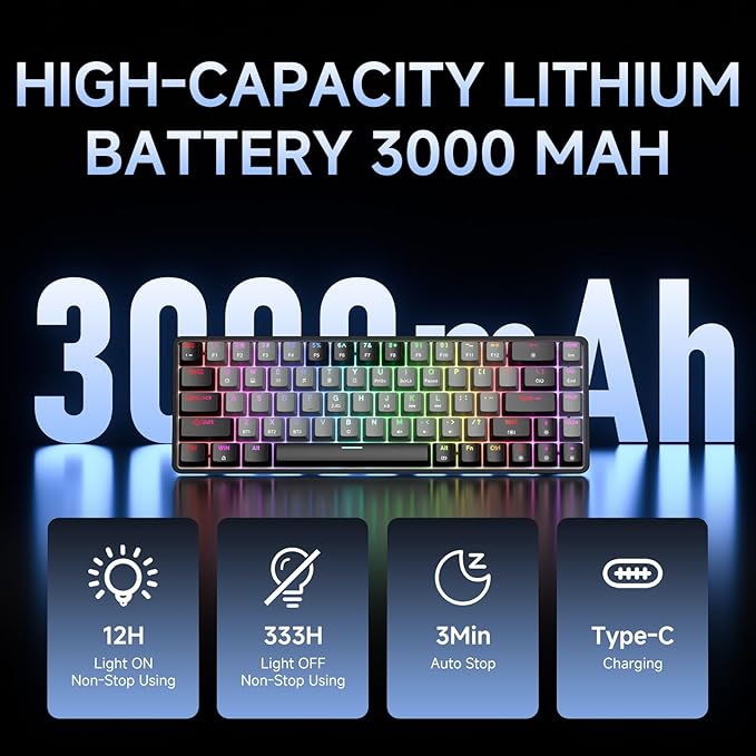 DIERYA DK68 60% Wireless Mechanical Gaming Keyboard, 3 Modes Bluetooth/2.4G/USB-C with Clicky Blue Switch, RGB Backlit, Anti-Ghosting, 68-Key Compact mini Keyboard for Windows/macOS/Linux- Black/Grey