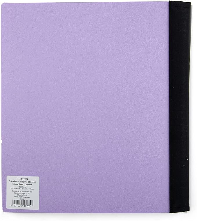 Mintra Office Durable PREMIUM Spiral Notebook (Lavender, 3 Subject (8.5in x 11in))