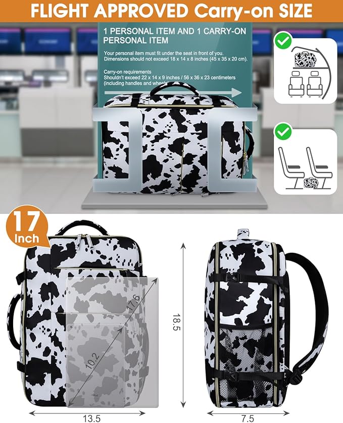 Capolo Travel Backpack for Women Men Waterproof Laptop Backpack Airlines Approved Carry On Backpack Bag Computer Bag for Business, Work, Traveling Fits 17 Inch Laptop(Cow Print)