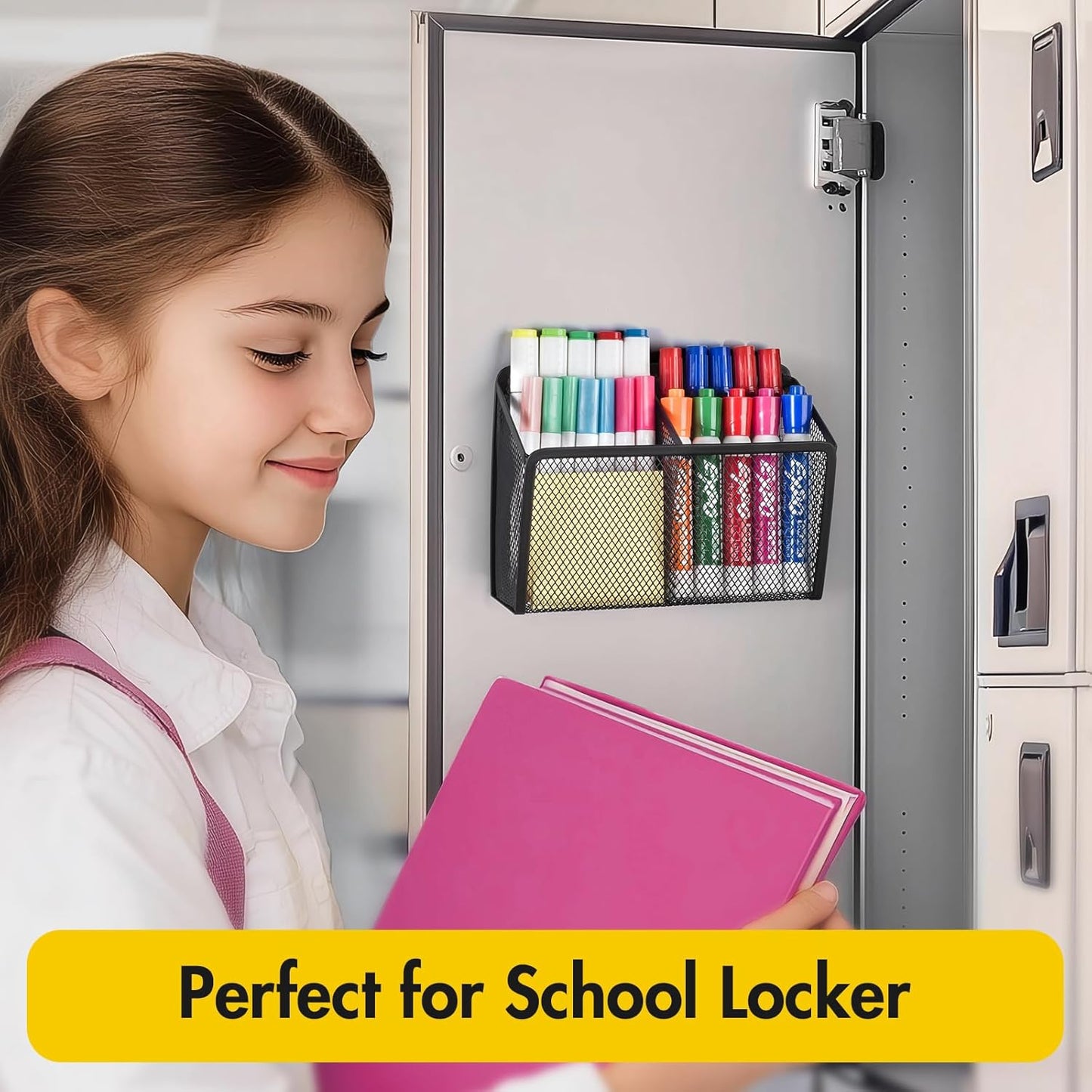 BEYGORM Magnetic Dry Erase Marker Holder for Whiteboard, Mesh Pen & Pencil Holder for Refrigerator, Strong Magnetic Basket for School Locker, Office & Classroom Organizer (Black, 1-Pack)