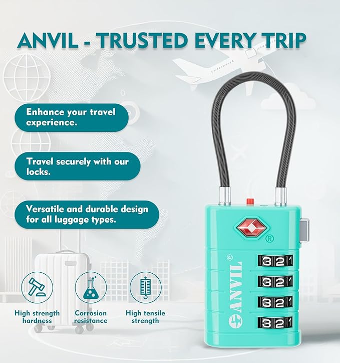 ANVIL 4 Digit Luggage Locks, TSA Locks for Luggage, Advanced TSA008 core, Alert Indicator for Your Travel Lock, Suitcase Lock.(2, Cyan)