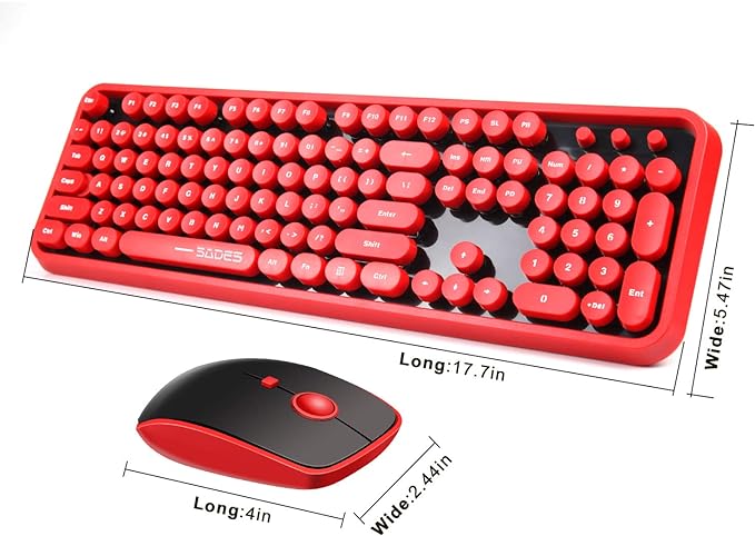 Wireless Keyboard Mouse Combo,2.4GHz Waterproof Keyboard with Round Retro Style Red Key and Optical Wireless Gaming Mouse with 3 Adjustable DPI,Compatible with PC, Computer, Laptop, Desktop, Note-Red