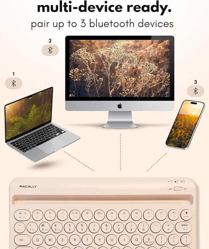 Macally Bluetooth Keyboard for Tablet | Wireless Keyboard for iPad mini/Pro/Air, iPhone (Multi-Device, Built-in Stand, Portable, Rechargeable) - Boba Brown