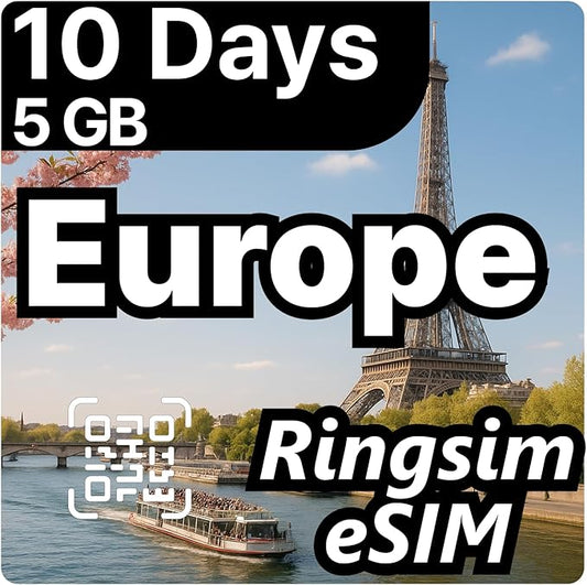 [eSIM] Europe eSIM | 10DAYS 5GB | UK, France, Italy, Spain, Germany | 5G, 4G/LTE, Tethering, Hotspot | eSIM with Instant Activation in 10 Minutes | Travel eSIM by Ringsim