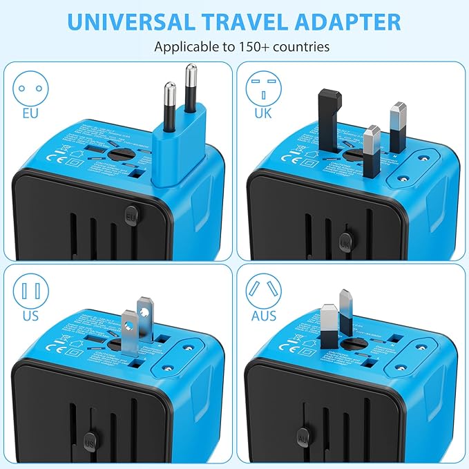 Universal International Travel Power Adapter, All in One Wall Charger with High Speed 2.4A 3xUSB, 3.0A Type-C, European Adapter, Worldwide AC Outlet Plugs for UK, CA, EU, AU, Asia (Blue)