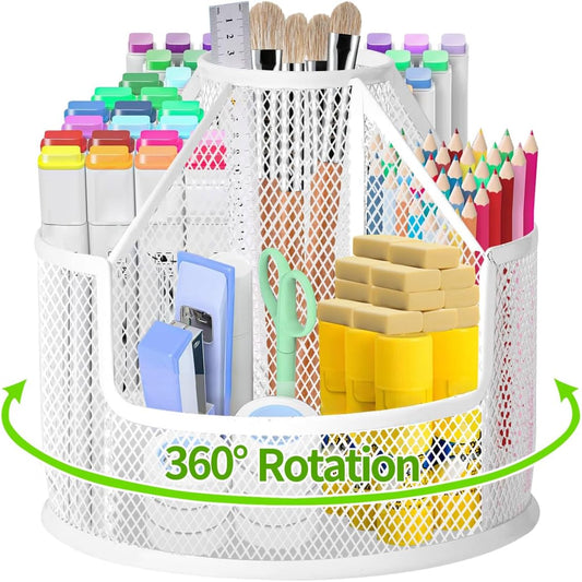 Sturdy Rotating Pen Holder, Cute Metal Pencil Holder, Large Mesh Pen Organizer for Desk, Premium Friendly Office Desk Accessories & Workspace Organizers, White