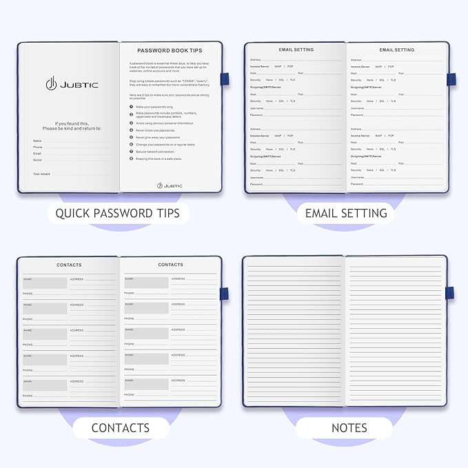 JUBTIC Password Book with Individual Alphabetical Tabs, 7"x10" Internet Password Keeper Book for Seniors, Password Notebook and Organizer/Notes Section, Navy Blue