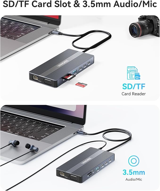 USB C Docking Station, 14 in 1 USB C Hub Multiport Adapter, Triple Display 3 Monitors with Dual 4K HDMI+VGA, 100W PD, 5xUSB A/C 10Gbps, Ethernet, SD/TF, Audio Ports for Laptop/Lenovo/Dell/HP/Surface