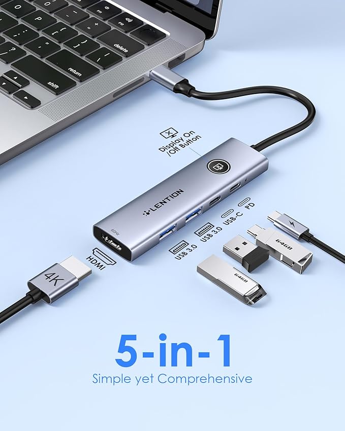 LENTION USB C Multiport Adapter, 5-in-1 USB C Hub with HDMI 4K@60Hz, USB A 3.0, Type C 3.0, 100W PD Charging, Multiport USB Adapter with Screen On/Off Button New MacBook Pro and Other Type C Devices