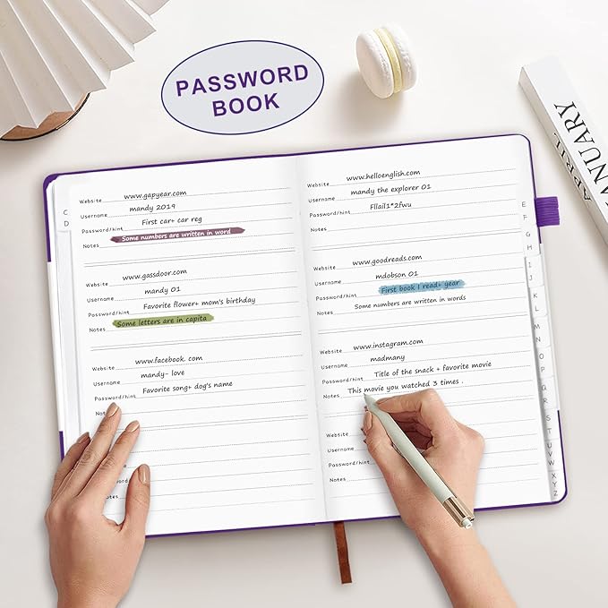 Password Book with Alphabetical Tabs, Hardcover Password Keeper, A5 Size 8.3"x6" Password Notebook for Saving Internet Login, Username, Password Organizer for Computer & Website Logins, Pruple