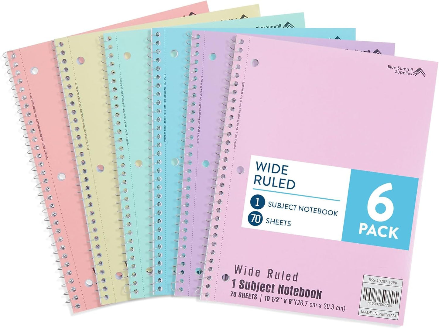 Blue Summit Pastel School Notebooks, 1 Subject Notebooks for School Wide Ruled, 6 Pack
