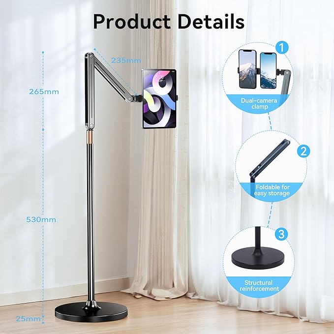 Tablet Floor Stand, Angle& Height Adjustable iPad Floor Stand, 2025 Dual-Device iPad & Phone Mount, 360°Tablet Holder for Live Streaming, Overhead Shots & Multi-Angle Recording (4.7"-13")