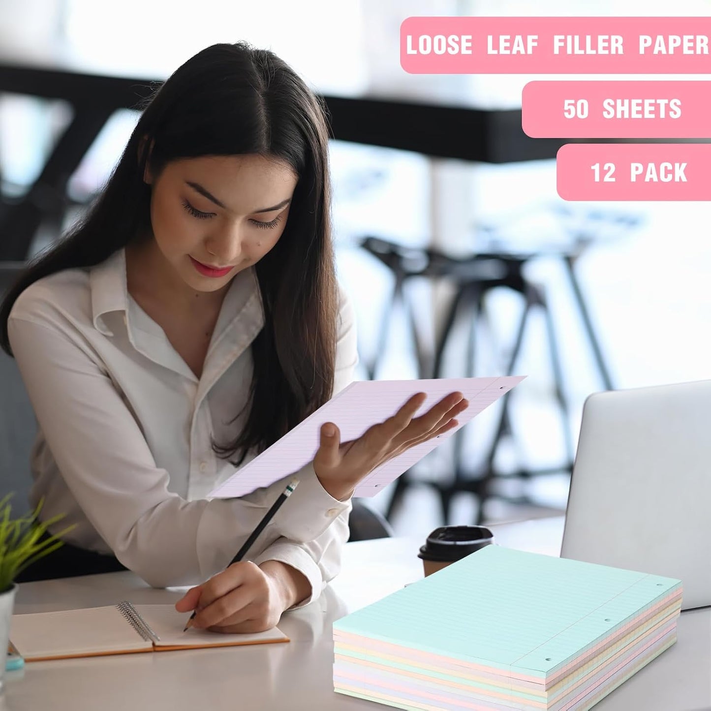 PerKoop 12 Pack 600 Sheets Colored Lined Paper Bulk Wide Ruled 8 x 10.5 Inches, Pastel Loose Leaf Notebook Paper 3 Hole Punched Filler for Back School Classroom Supplies(Light Color)