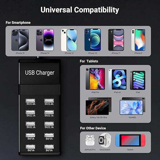 10-Port USB Charger 50w10A USB Charging Station, Multiport Charger Hub, Compatible with iPhone, Galaxy, iPad Tablet, and Other Devices (Black)