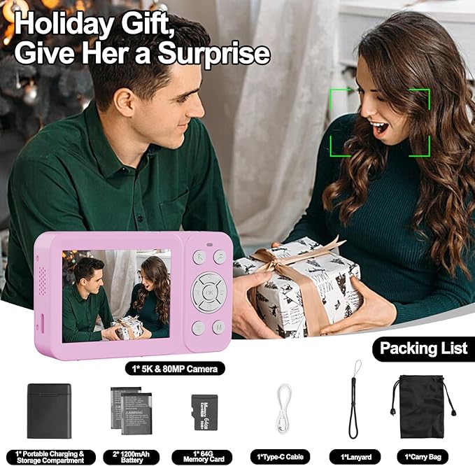 Upgraded 5K Dual Screen Digital Camera,80MP Vlog Photography Camera for YouTube,Campus,Travel,Compact Point & Shoot Camera for Teens & Beginners with Autofocus,18x Zoom,Anti-Shake,Purple