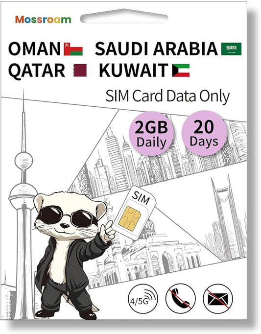 3-in-1 SIM Card for Saudi Arabia, Qatar, Oman, Kuwait – Prepaid Data Plans | Day Pass 2GB Daily Data,20 Days | Unlimited 4/5G Speed Internet