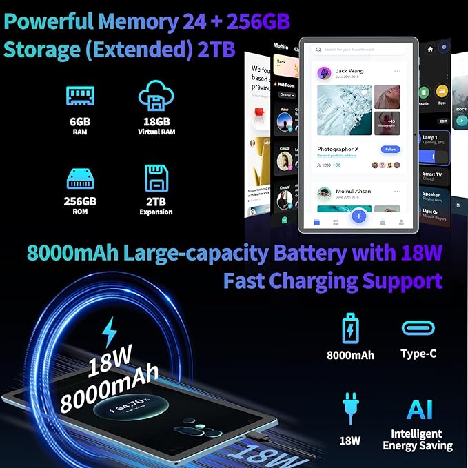 Android 15 Tablet, 2025 Upgraded 11 inch Android Tablets with Keyboard, 24GB+256GB+2TB Expand, Support Face Unlock+18W Fast Charging, Octa-Core CPU,Dual WiFi, Dual Camera,8000mAh Battery, Silver