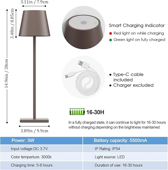 2 Packs LED Cordless Table Lamp, Rechargeable Battery Desk lamp 5500mAh Battery Operated Stepless Dimming Modern Portable Table Light for Restaurant/Table/Bedroom/Outdoor IP54 Waterproof (Rust Red)
