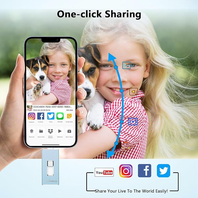 USB Flash Drive 256GB, Apple MFi Certified Photo Stick for iPhone Thumb Drive, iPhone-Memory-Stick for iPad/iPhone/Computer Picture Keeper Portable Hard Drive Blue