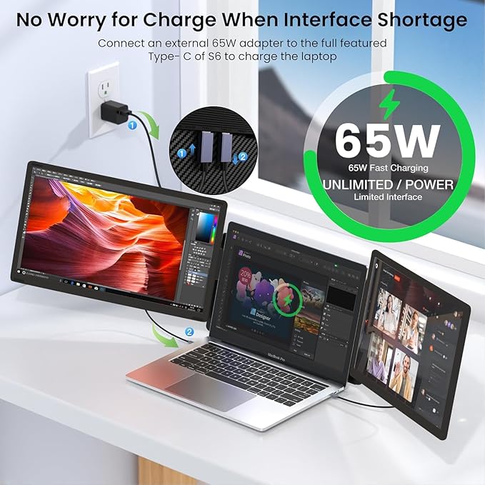 14'' Screen Extender Portable Laptop Plug-play, 1080P IPS Laptop Monitor Extender Built-in Speaker, HDMI/USB-A/Type-C Triple Monitor for 13''-17.3'' Laptops, Work with Mac, Windows, Chrome, Switch