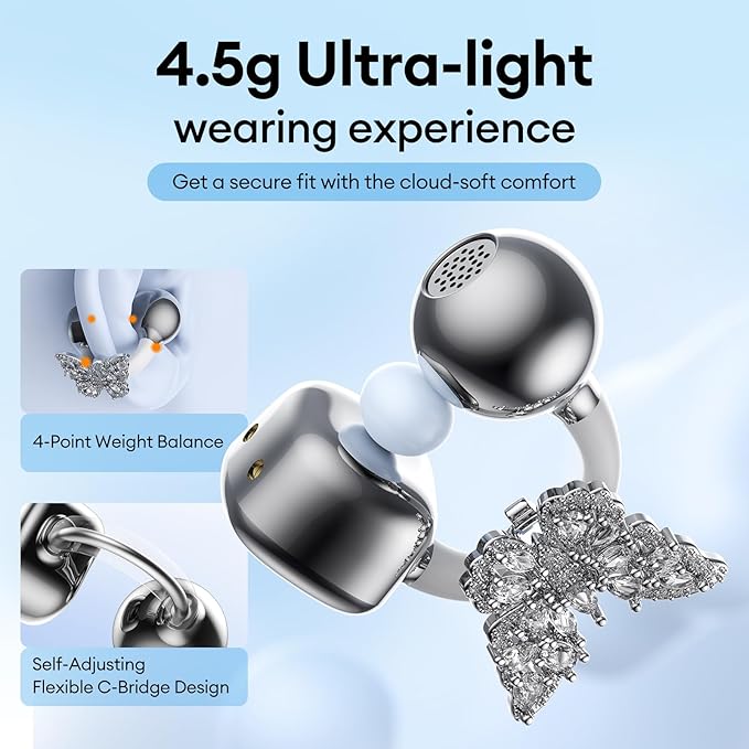 PAXA Bling Open Ear Clip On Earbuds with LED Display & Crystal Butterfly Earrings, Comfort Bluetooth 5.4 Wireless Ear Buds 50H Playtime for Women Girl Work, Fitness, Daily Wear, Gift, Silver