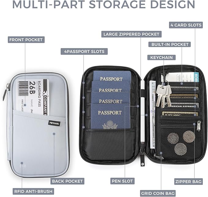 Travel Passport Holder, Large Family Passport Walle for Men Women RFID Passport Cover Lightweight Portable Document Organizer with Wrist Strap (Grey)